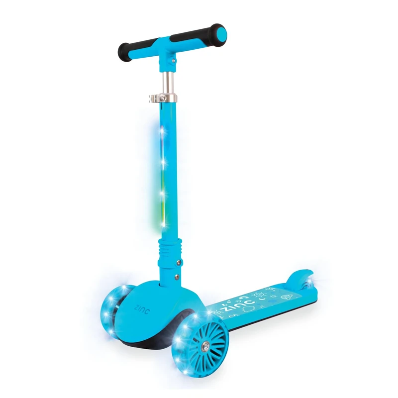 Zinc 3 Wheel Folding Led Shine Scooter for Kids, Light Up Stem with 20 Light Functions, Folding, Non-Slip Grips, Adjustable Handlebar, Blue