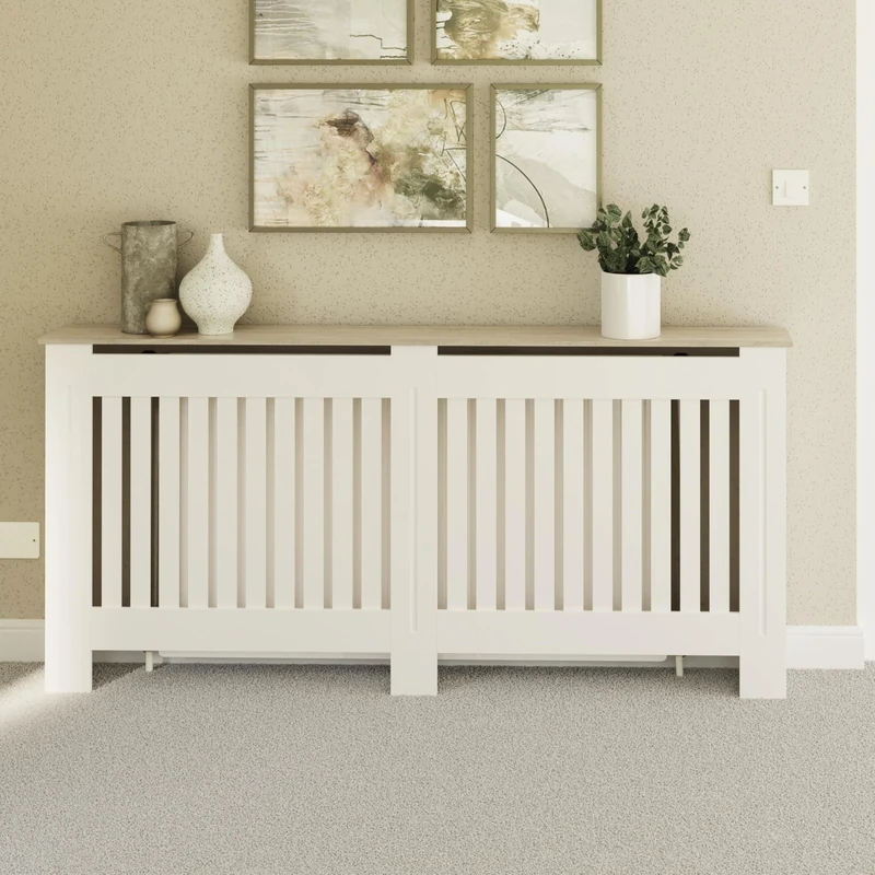 GFW Longslow Extra Large Radiator Cover White Slatted Wood Top Shelf Display Living