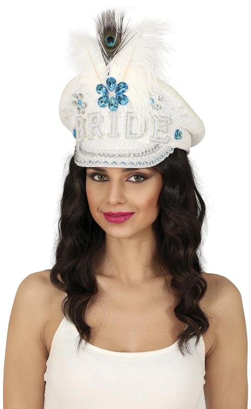 FIESTAS GUIRCA | Pride Police Cap with Feathers and Gems (One Size) - Fancy Dress Accessory for Bride To Be Parties and Hen Do's - Ideal for Unisex Adults - White