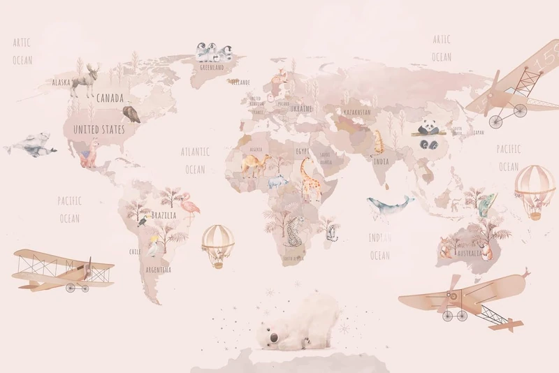 A.S. Création Wallpaper Mapamundi 3,75 m x 2,50 m - WALLLOVE Nursery Wallpaper Geographical map Pink, Beige incl. Glue - DD129592 - Image 1