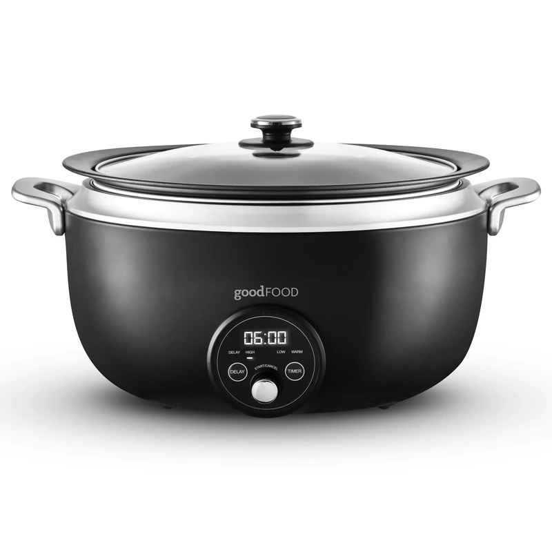 Good Food in partnership with Tower GF16011 6.5L Digital Slow Cooker 3 Heat Settings, Delay Function & Timer, Removable Aluminium Pot & Cool Touch Handles, Black with Stainless Steel Accents