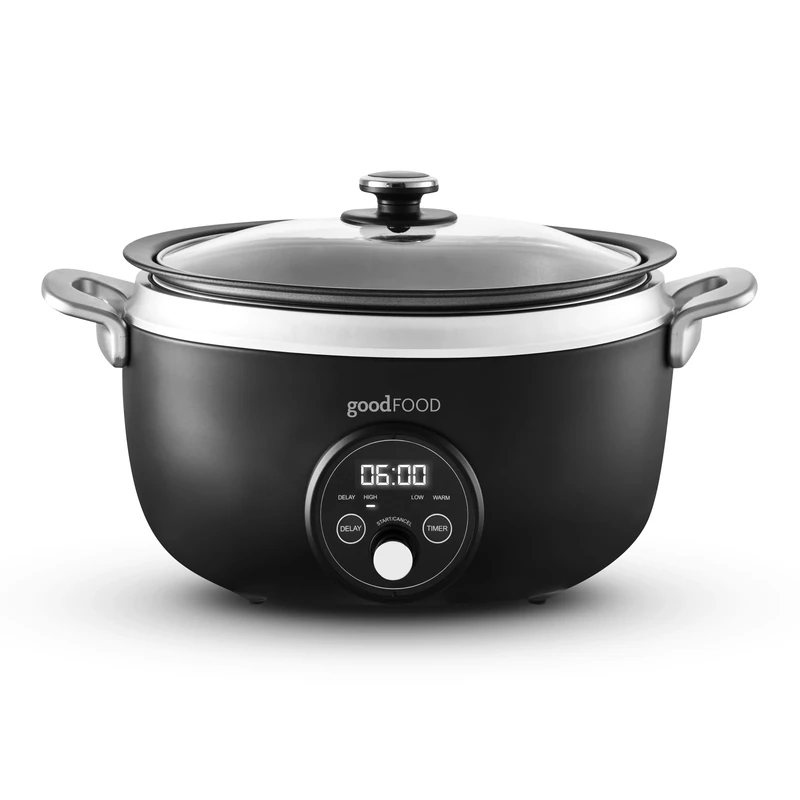 Good Food in partnership with Tower GF16010 3.5L Digital Slow Cooker with 3 Heat Settings, Delay Function & Timer, Removable Aluminium Pot, Tempered Glass Lid, Black with Stainless Steel Accents