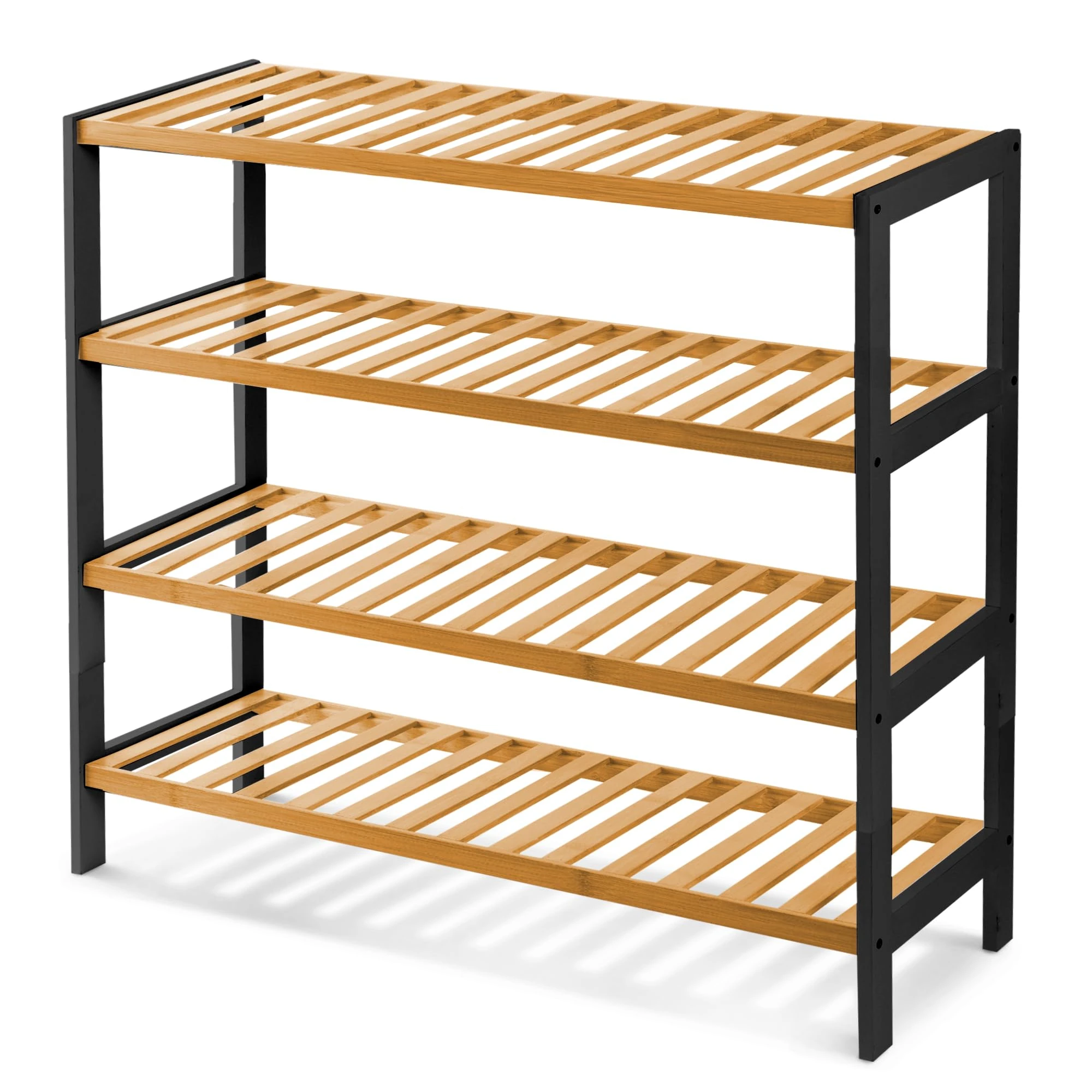 KEPLIN 4 Tier Natural Bamboo Shoe Rack Easy Assembly & Strong Design Stand Shelf Organiser Ideal for Corridor,Bedroom,Bathroom,Hallway & Small Spaces Large Capacity (4 Tier, Black/Natural)