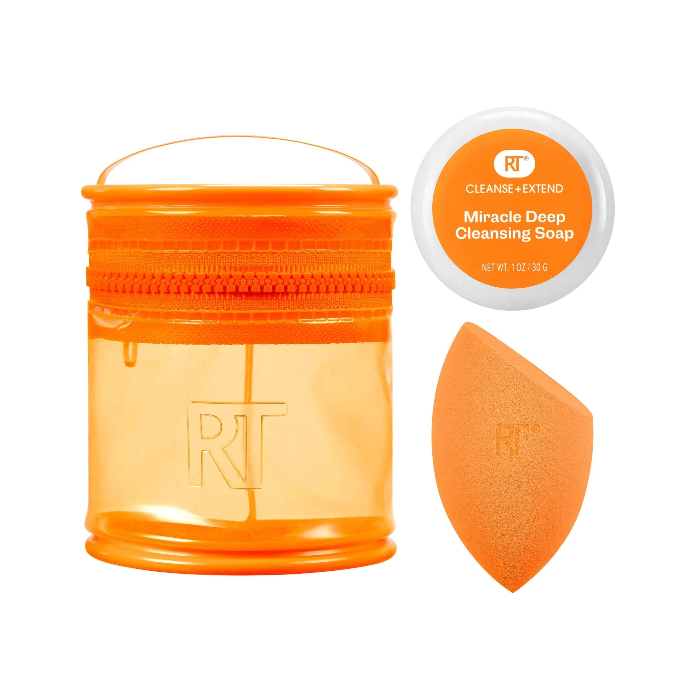 Real Techniques Miracle Blend + Cleanse 3 Piece Set, Makeup Sponge For Blending Foundation & Solid Soap For Deep Cleaning Sponges, Includes Travel Storage Tote, Cruelty-Free, & Latex-Free