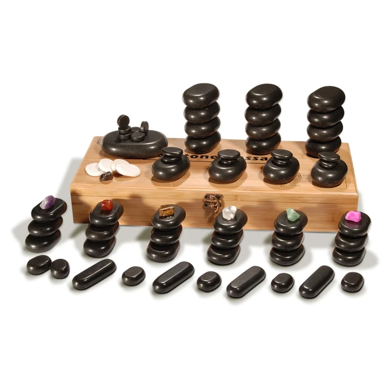 Master Massage 70-Piece Deluxe Hot Stone Massage Stone Set Kit Package for a Full Body Massage with Black Lava Volcano Basalt Rock, White Marble Cool Cold Stone, and Chakra