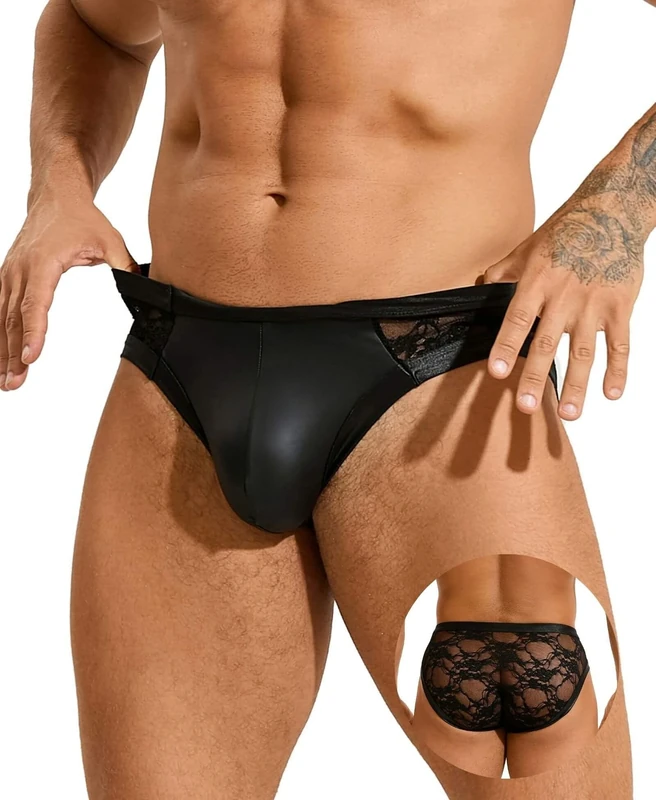 ohyeahlady Mens Briefs Lace Sheer Sexy Underwear Shiny Bulge Pouch Sissy Lingerie Panties Male Stretch Waistband Underpants for Men UK Black L