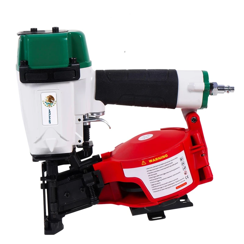 BHTOP Mexican CN45N Roofing Nailer, 15 Degree Roofing Nail Gun, 3/4-Inch to 1-3/4-Inch Coil Nails, 120-pcs Load Capacity Coil Naile (Green/Red）