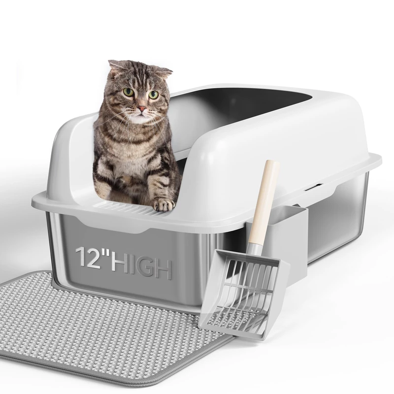 YITAHOME Stainless Steel Cat Litter Box with Double-Layer Cat Litter Mat, XXL Extra Large Metal Litter Tray with Scoop and Non-Slip Bottom, Anti-Leakage, Easy to Clean, 60x40x30 CM for Cats