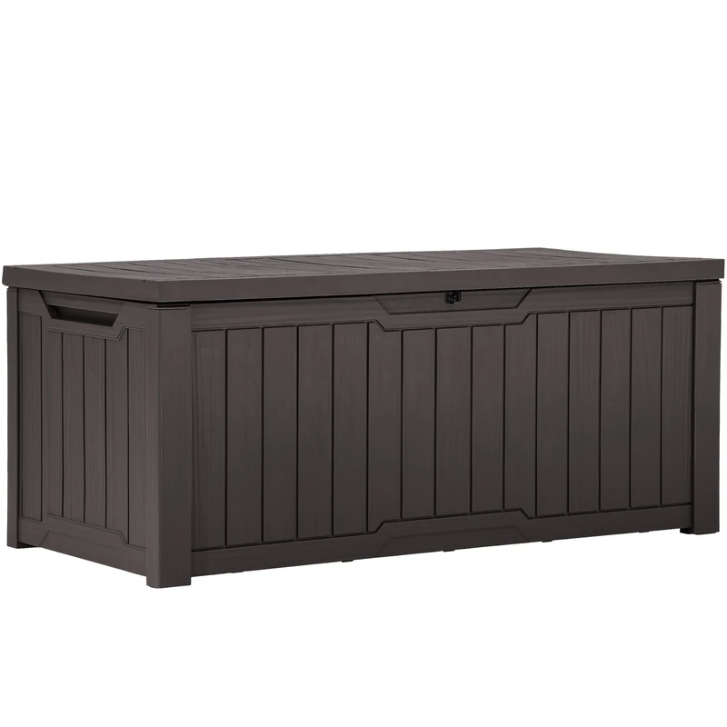 YITAHOME Outdoor Storage Box, 120 Gallon Waterproof Deck Box for Garden Tools, Patio Cushions, and Pool Accessories, Lockable, Easy Assembly, Versatile Bench or Table (Dark Brown)