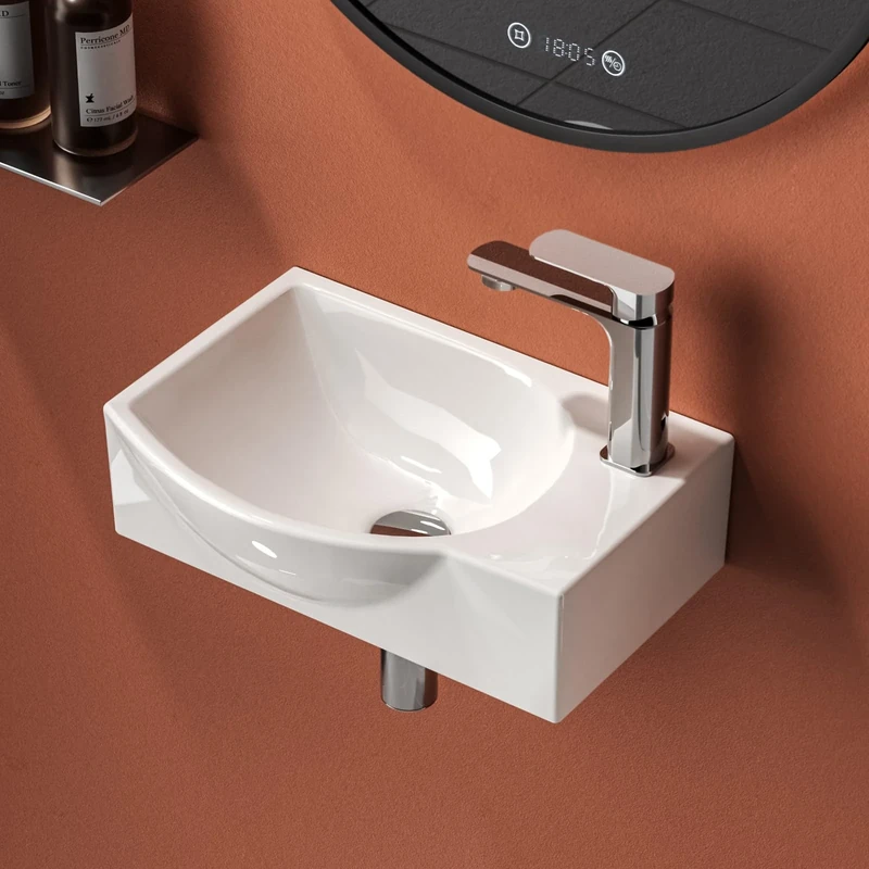 EMKE Wall Mounted Cloakroom Basin Small Corner Sink Half Circle Washbasin Ceramic Bathroom Vessel Sink White Bathroom Sink 40,5 x 28 x 14 cm (LxWxH)