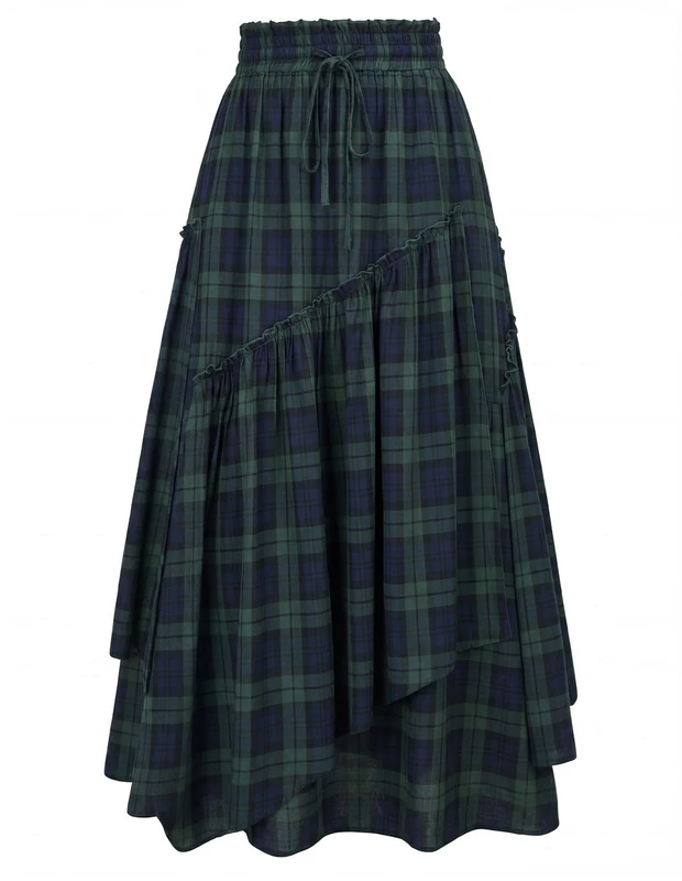 Scarlet Darkness Women Plaid Skirt High Waist A Line Tiered Long Skirt with Pockets, Blue Green Plaid, M