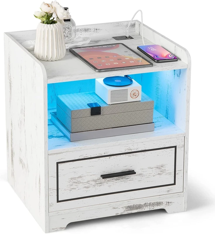 FANTASK Bedside Table with LED Light, USB Port and Type-C Charging Station with Open Compartment and Drawer, Nightstand with Motion Sensor - Image 1