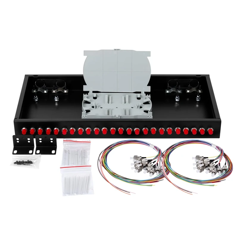 Duogalia FC-UPC 24 Simplex 24 Port Rack Mount Enclosure Box with Splice Tray Singlemode FC-UPC Kit (Includes 1.2 Meter Pigtail and 24PC Coupler)