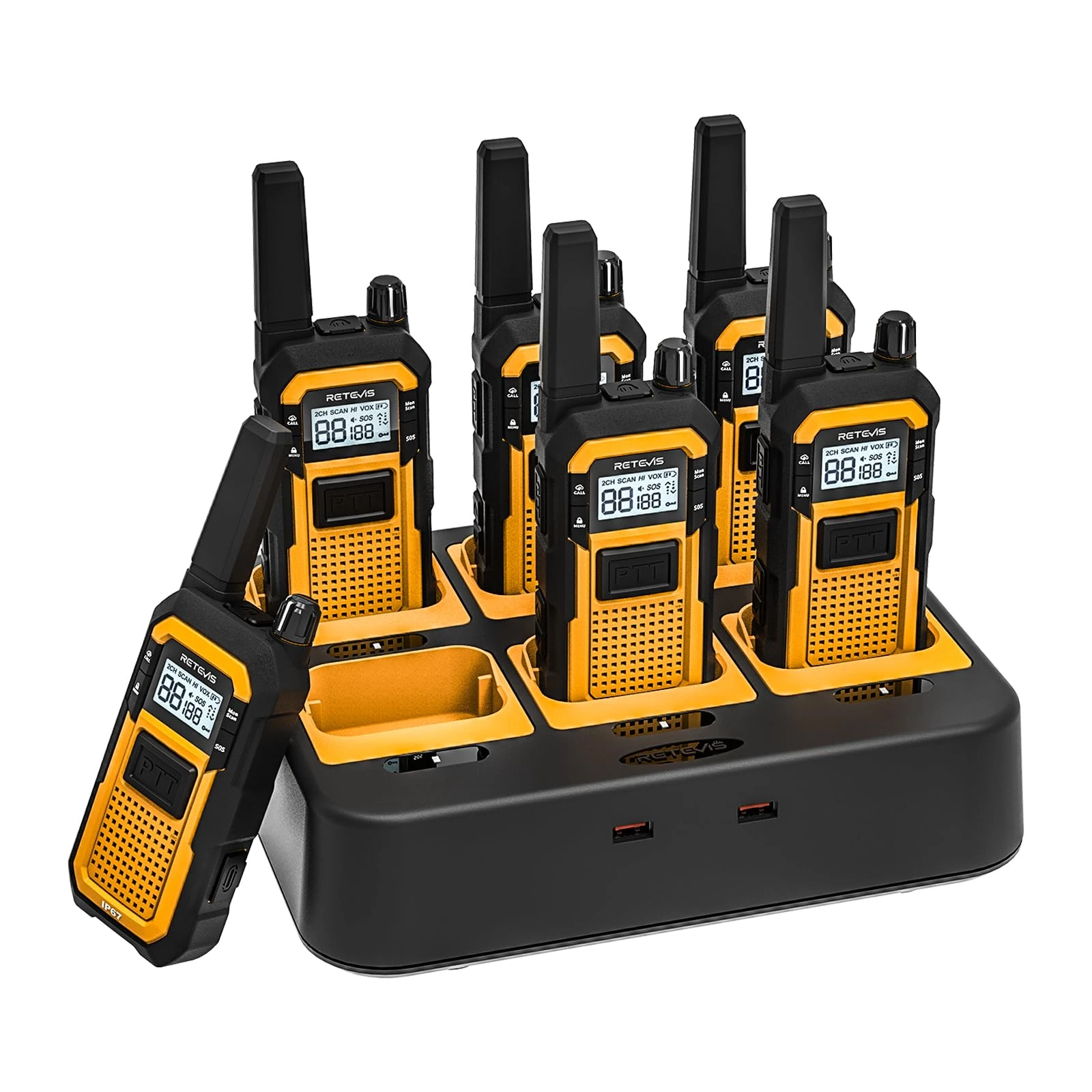 Retevis RB648 Walkie Talkies for Adults, Heavy Duty 2 Way Radio with 6 Way Charger, IP67 Waterproof, Shock Resistant, 2000mAh, Rugged Walkie Talkie for Jobsites Industrials (6Pcs, Yellow)