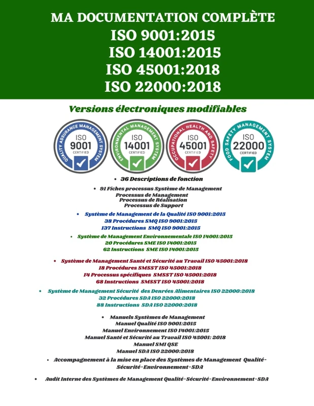 MA DOCUMENTATION COMPLÈTE ISO 9001:2015 ISO 14001:2015 ISO 45001:2018 ISO 22000:2018: Qualité, Environnement, Santé et Sécurité au Travail & Sécurité des Denrées Alimentaires
