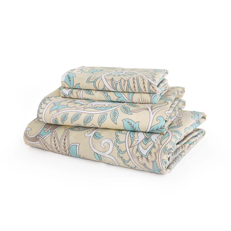 JSD Vintage Beige Paisley Printed Cotton King Sheet Set Deep Pocket