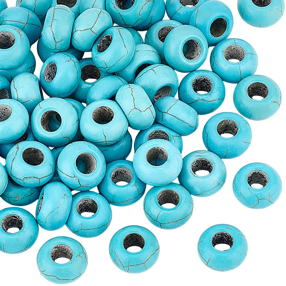 PH PandaHall 100pcs Turquoise Gemstone Beads Large Hole Cracked Beads, Turquoise Stone Beads European Beads Round Spacer Beads for Bracelet Necklace Earrings Jewellery Making, Hole: 5.5mm