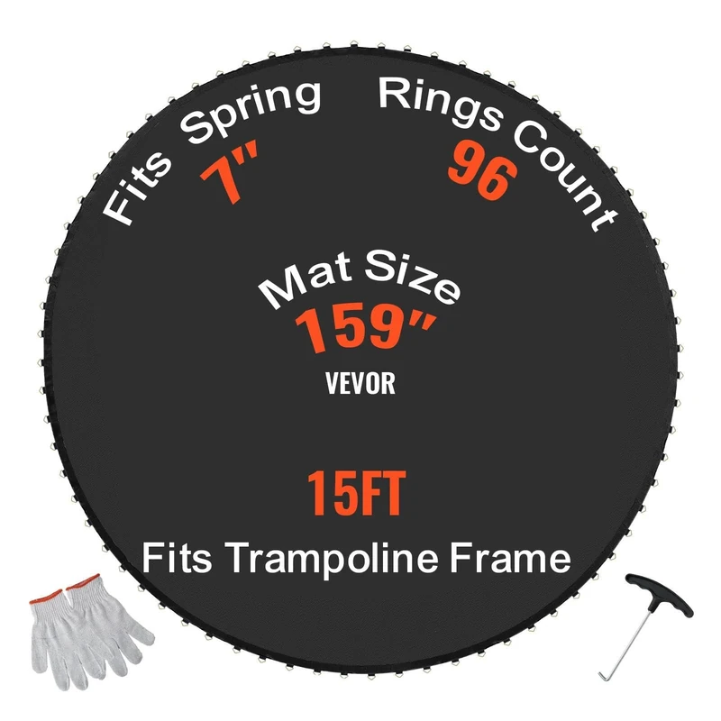 VEVOR Replacement Trampoline Mat, Jumping Mat Fits 15ft Frame, Universal Jumping Mat for 15ft Round Trampoline, Reinforce UV-Resistant Mat with Spring Tool & Durable V-Rings, Fit 7" Spring Length