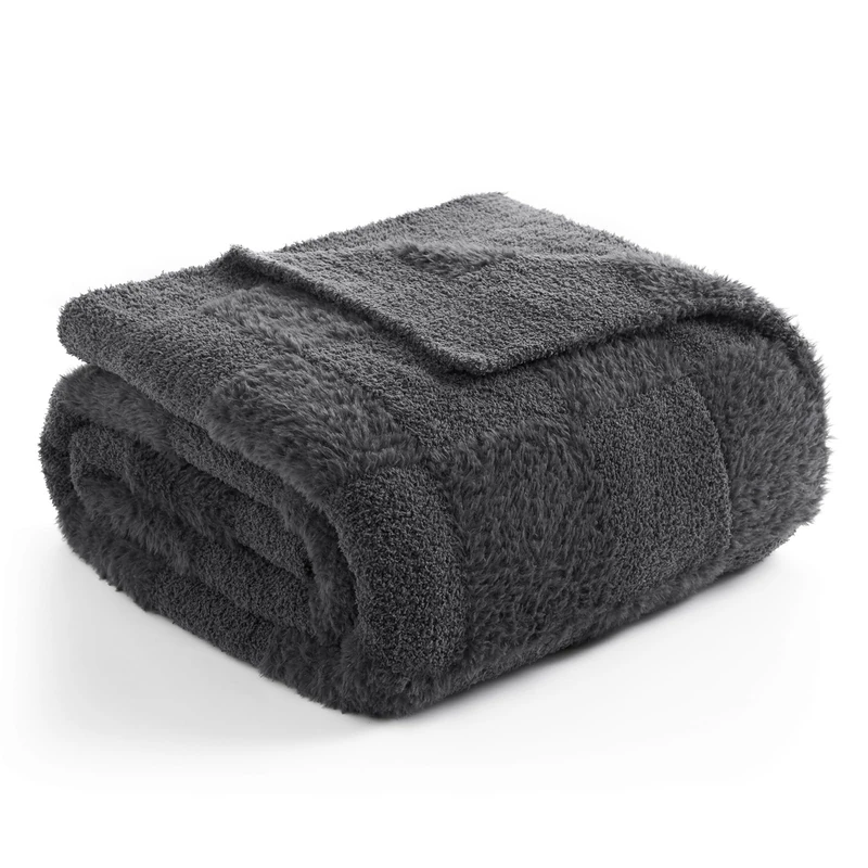 Snuggle Sac Faux Fur Checkered Blanket Twin Size with Soft Knitted Microfiber Fabric,Cozy Soft Warm Blanket for Sofa Bedroom Living Room,Solid Dark Grey,60x80 inches