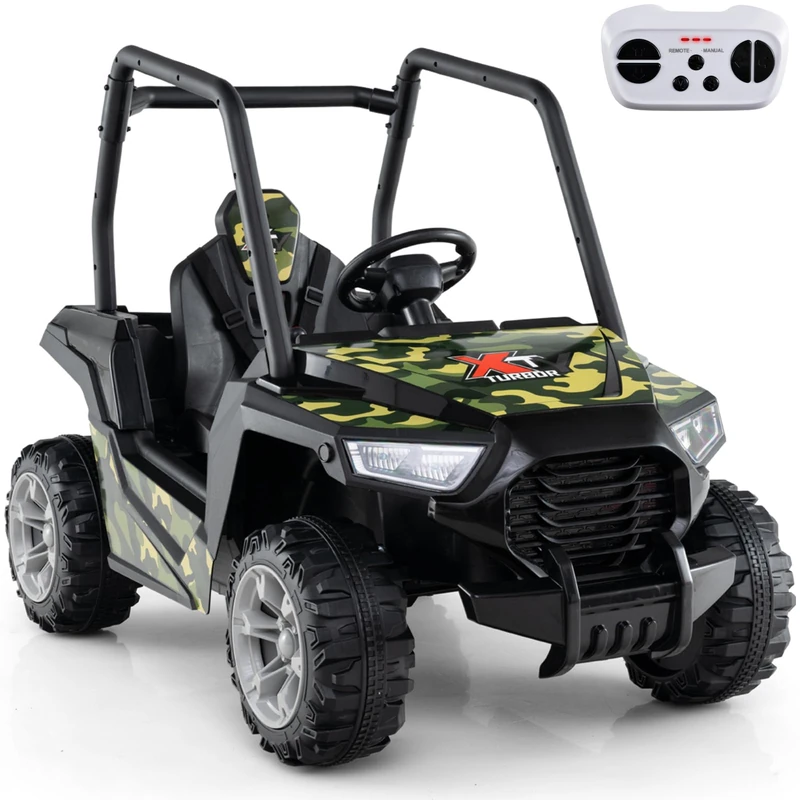 GYMAX 24V Kids Ride on Car, Children Battery Powered Car with Remote Control, Music, MP3, USB, Rear Storage, Spring Suspension&Slow Start, Electric Off Road Truck for 3-8 Years Old (Black+Camouflage)