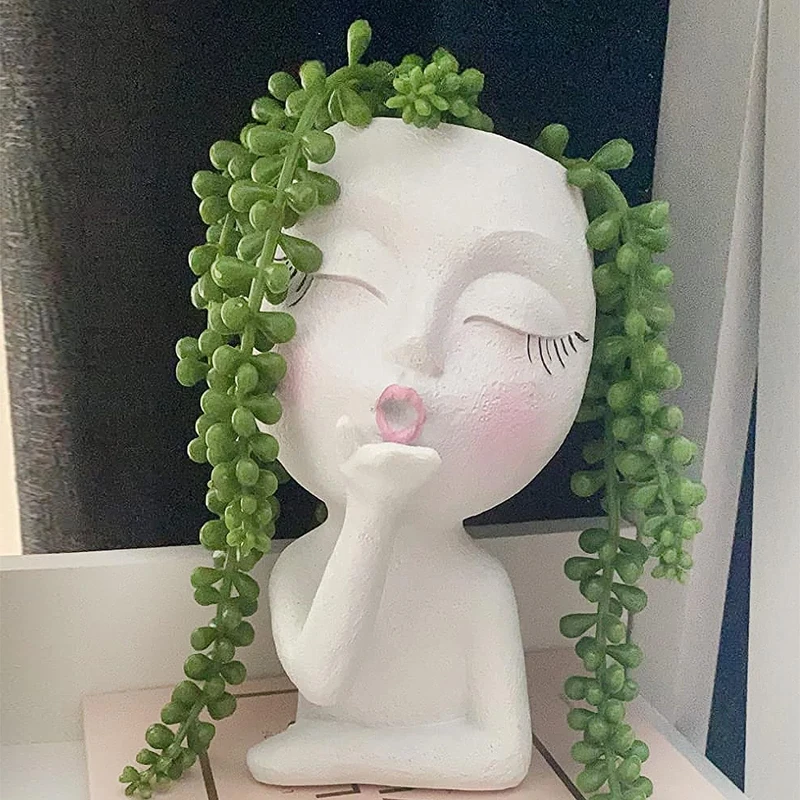 Luyi-Life Girl Face Succulent Planter, Face Flower Pots for Indoor Outdoor Plants, Resin Kiss Girl Head Planter Pots with Drainage Hole for Home Office Garden