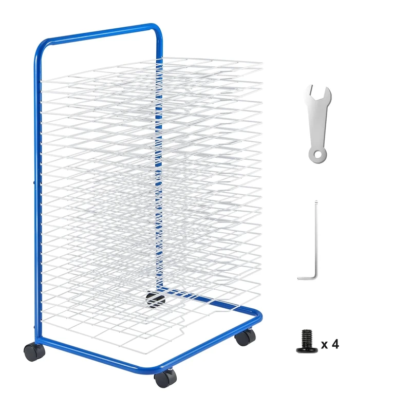VEVOR 25 Removable Shelves 23.75 x 17.5 x 38 inch Lockable Wheels, Carbon Steel Painting Drying Rack for Artwork in Classroom, Art Studios, Schools, Blue+White