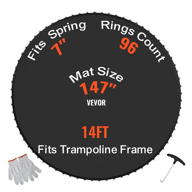 VEVOR Replacement Trampoline Mat, Jumping Mat Fits 14ft Frame, Universal Jumping Mat for 14ft Round Trampoline, Reinforce UV-Resistant Mat with Spring Tool & Durable V-Rings, Fit 7" Spring Length