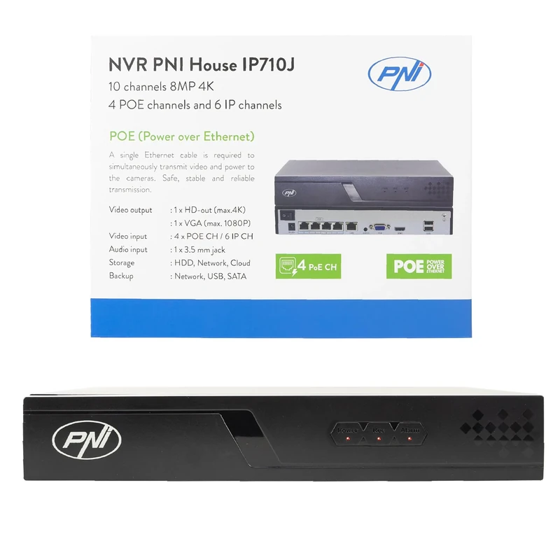 POE NVR PNI House IP710J, 10 channels 4K 8MP, 4 POE channels yes 6 IP channels, black - Image 1