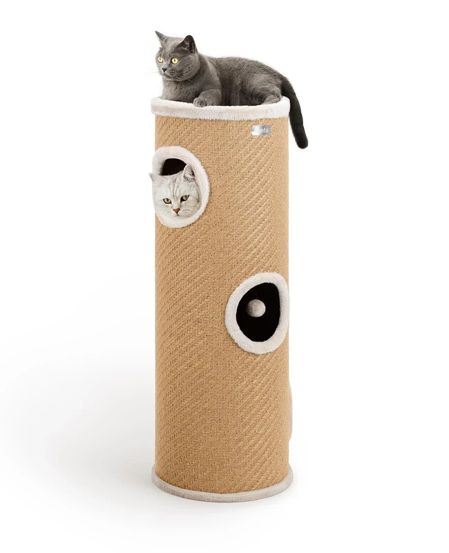 lionto Jute Scratching Barrel with Play Ball and Plush Edge, Height 100 cm, Sturdy Scratching Post for Small and Large Cats, Perfect Claw Care & Activity, Many Hiding Options, Diameter 38 cm, Beige
