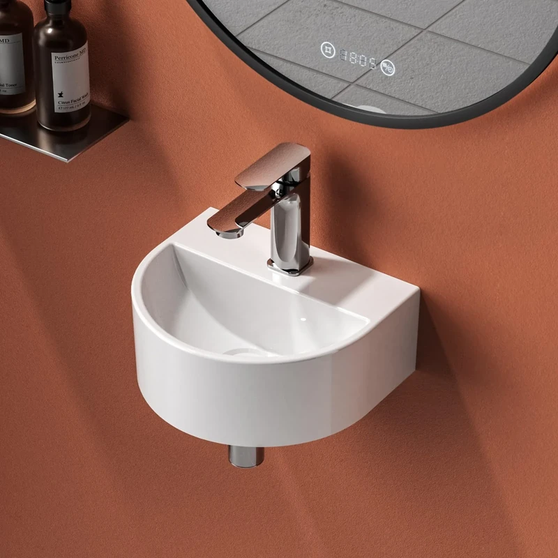 EMKE Wall Mounted Cloakroom Wash Basin Small Corner Sink Ceramic Bathroom Vessel Sinks White Bathroom Sinks 32 x 32 x 15 cm (LxWxH)