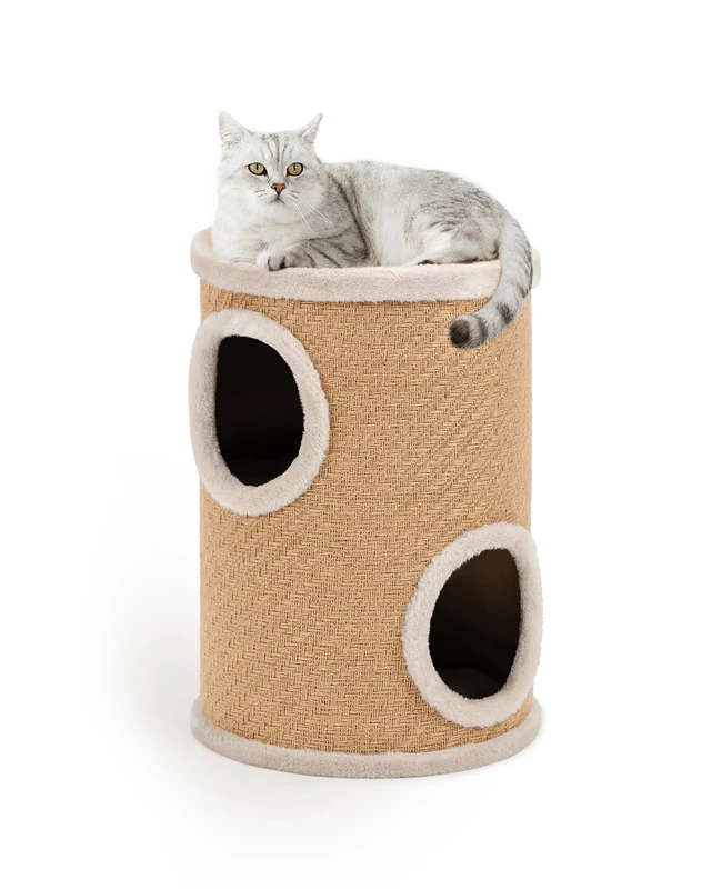 lionto Jute Scratching Barrel with Play Ball and Plush Edge, Height 50 cm, Sturdy Scratching Post for Small and Large Cats, Perfect Claw Care & Activity, Many Hiding Options, Diameter 38 cm, Beige
