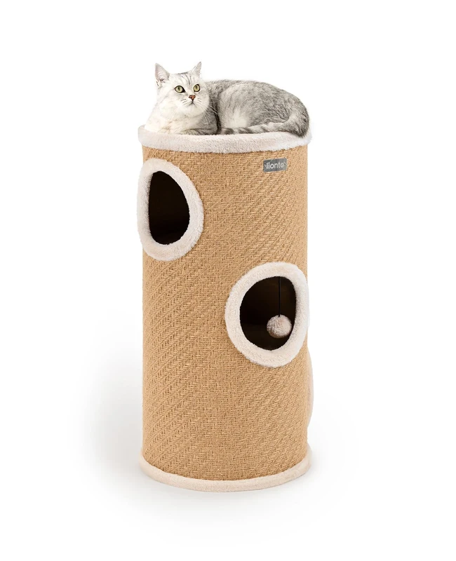 lionto Jute Scratching Barrel with Play Ball and Plush Edge, Height 70 cm, Sturdy Scratching Post for Small and Large Cats, Perfect Claw Care & Activity, Many Hiding Options, Diameter 38 cm, Beige