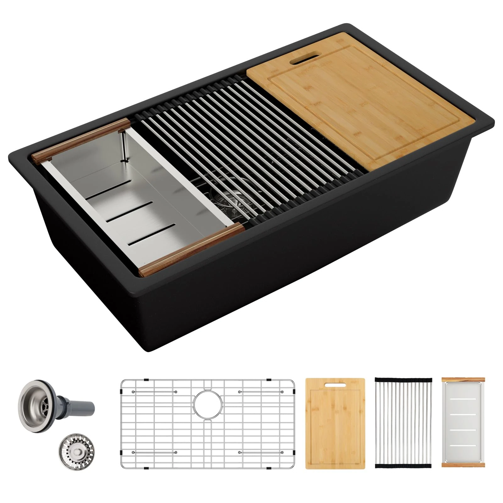 Sarlai 28-Inch Black Granite Composite Kitchen Sink - Undermount Single Bowl Workstation With Ledge, Matte Finish, Quartz Under Counter Basin