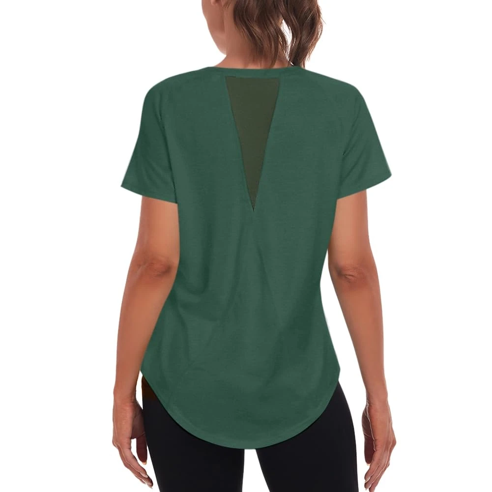 Jlowesun Women's Long Gym Yoga Tops Ladies Sports T-Shirt, Short Sleeve Summer Quick Dry Fitness Athletic Workout Loose Plus Size Activewear for Running Exercise Tee Green