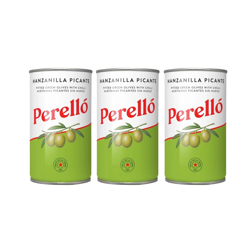 Perelló Manzanilla Picante Pitted Olives - 350g (150g Drained), Pack of 3, Spanish Green Olives - Spicy Manzanilla Olives, Perello Olives, Tinned Olives Pitted