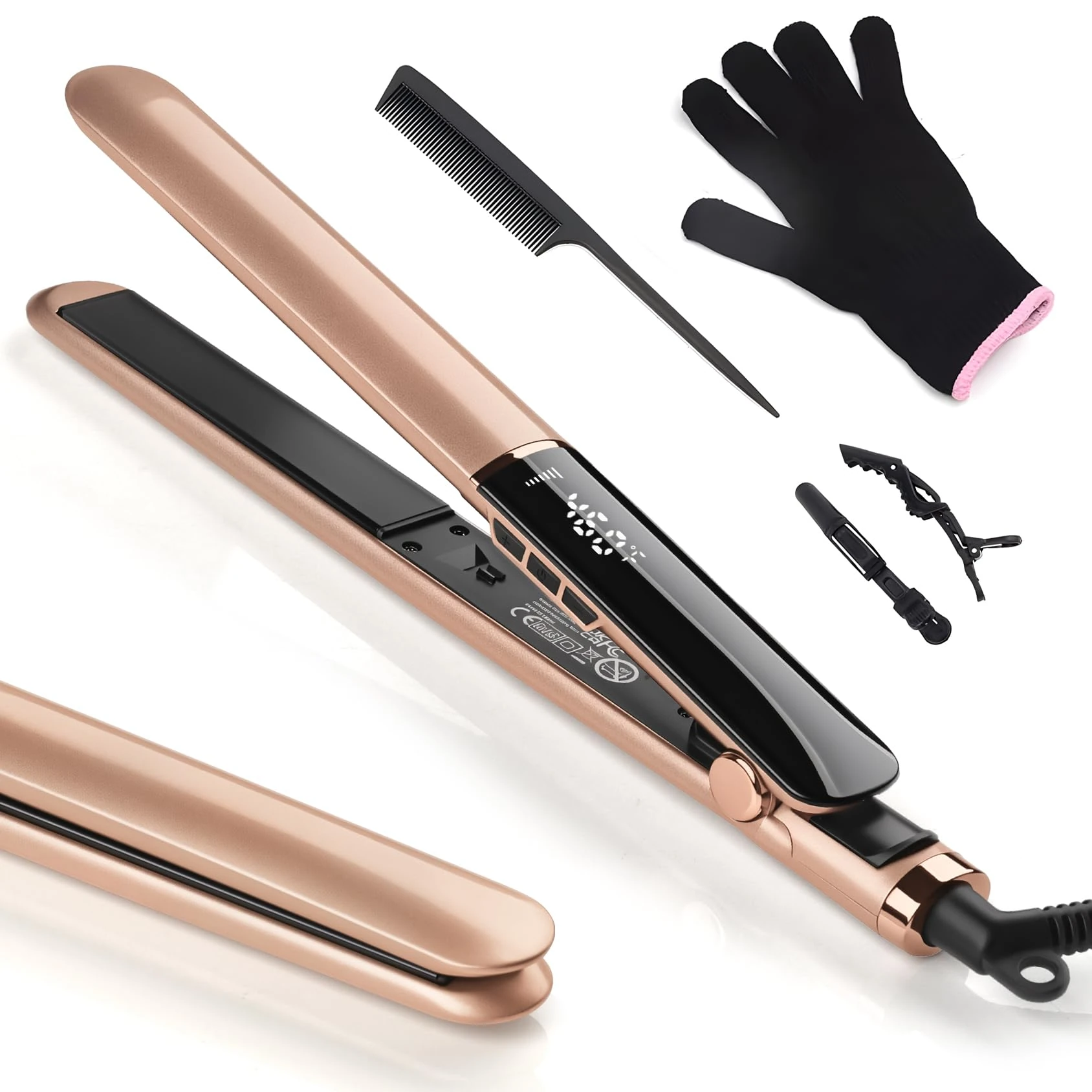 Hair Straightener Professional Ceramic Plates for Sleek, Smooth & Soft, Dual Voltage Digital Display 150°C–230°C Flat Iron and Curler 2 in 1 for All Hair Types (Gold)