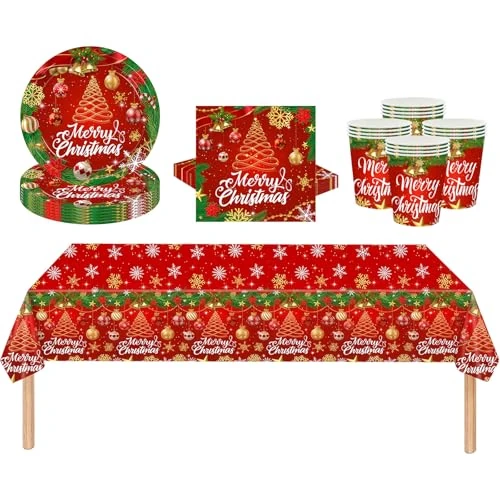 Christmas Tableware Decorations,Party Table Cloth,Paper Cups Napkins Plates Santa Christmas Table Cover Dinnerware for Party Supplies