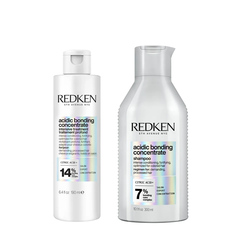 REDKEN Acidic Bonding Concentrate Intensive Pre-Treatment 190ml and Shampoo 300ml, For Damaged Hair, Bond Repair with Citric Acid