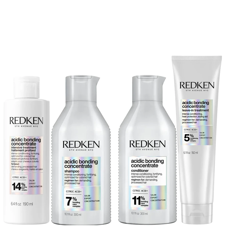 REDKEN Acidic Bonding Concentrate Intensive Pre-Treatment 190ml, Shampoo 300ml, Conditioner 300ml and Leave-In Treatment 150ml, Set For Damaged Hair, Bond Repair with Citric Acid