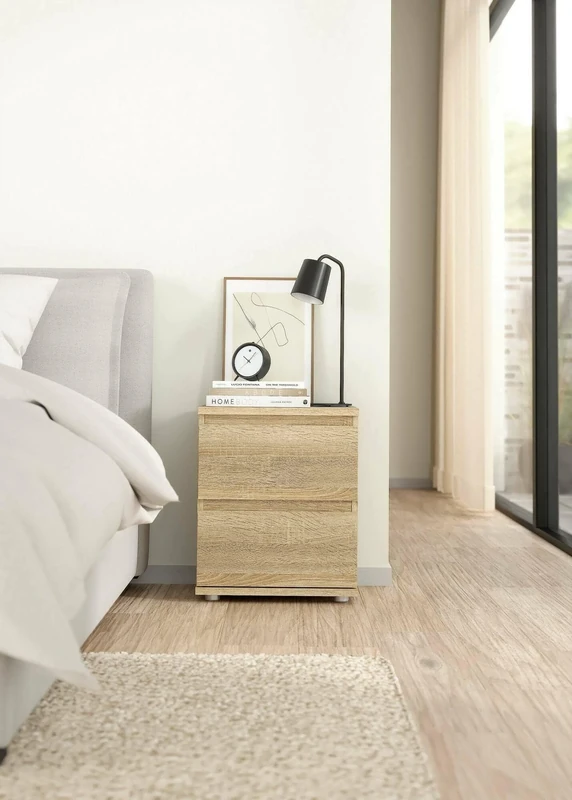 Dmora Henrietta Bedside Table, Low Chest, Night Table, Bed Shelf, 40 x 34 x H 48 cm, Oak