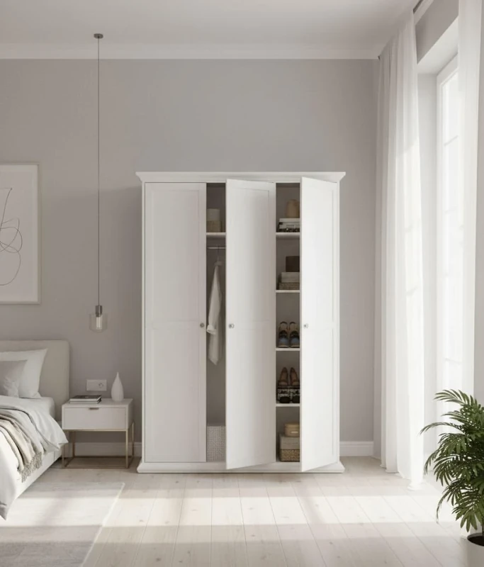 Dmora Justine 3 Door Wardrobe, Bedroom Furniture, Storage Cabinet, Clothes Hanger, 139 x 61 x H 201 cm, White