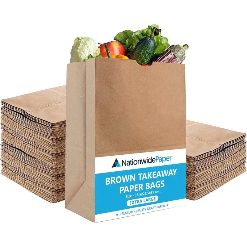 Nationwide Paper 500 pcs Extra Large Brown Paper Bags No Handles Strong Takeaway Kraft Paper Bags for Grocery, Fruits, Snacks, Lunch, Birthday, Wedding, Supplier, and Vegetables (35.5x21.5x37cm)