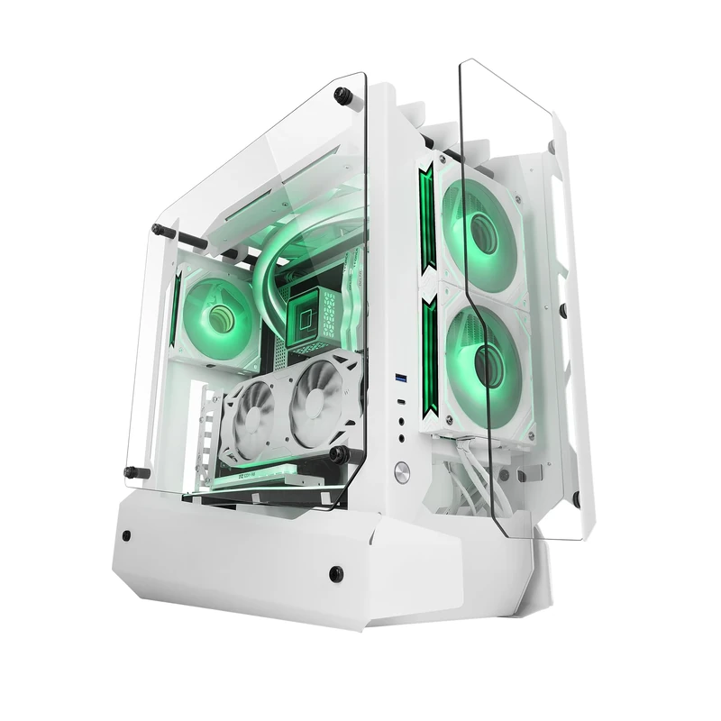 Mars Gaming MC-EDGE, ATX Gaming Case, Open Air Design, Triple Tempered Glass Panel, Mid Tower PC, Liquid Cooling Support Up to 240mm, Internal Cable Management System, USB-C and USB 3.0, White