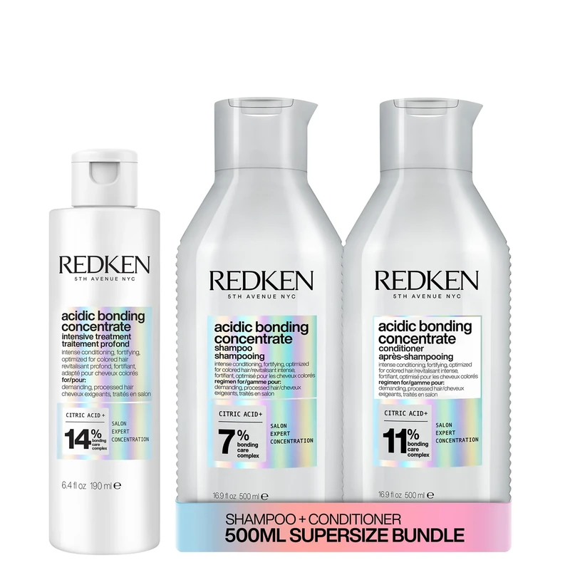 REDKEN Acidic Bonding Concentrate Intensive Pre Treatment 190ml, Shampoo 500ml and Conditioner 500ml, Supersize Set for Damaged Hair, Bond Repair