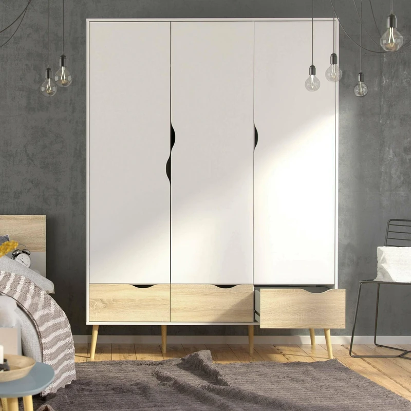 Dmora Emmanuelle 3 Door Wardrobe, Bedroom Furniture, Storage Cabinet, Clothes Hanger, 147 x 58 x H 200 cm, White and Oak