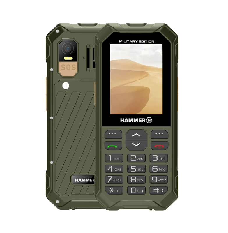 Hammer 6 LTE Military Edition feature phone, large 2500mAh battery with up to 7 days of standby, flashlight and SOS button, VoLTE technology, backlit keys, IP68 1.5-meter drop test, 2.4-inch screen.