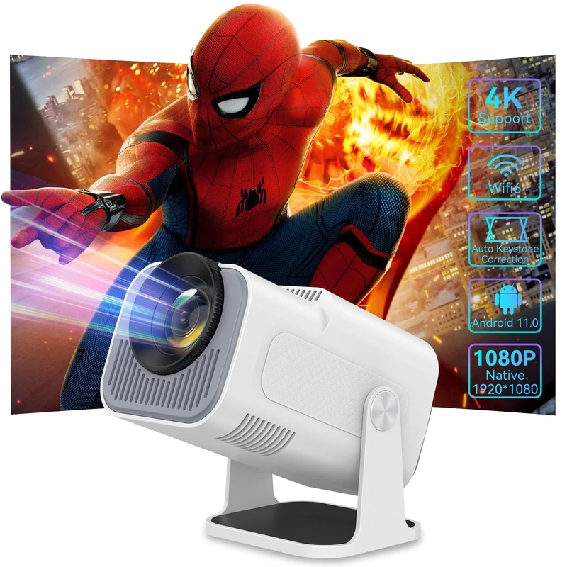 Mini Projector 4K with WiFi 6 and Bluetooth, 1080P Full HD Portable Mini Projector with Android 11.0 and 180° Rotatable, Auto Keystone Home Projector for Phone/TV Stick/Laptop