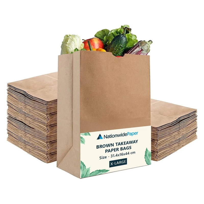 Nationwide Paper Extra Large 500 Pcs Brown Paper Bags No Handles Strong Takeaway Paper Bags for Grocery, Fruits, Vegetables 31.4x16x44cm