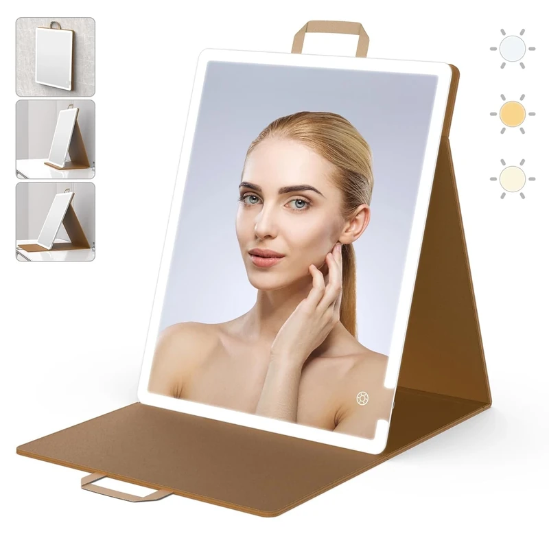WEILY Make-up Mirror with Lighting, Portable Large Foldable Mirror, Table Mirror with 3 Colour Lights, 2000 mAh USB Rechargeable Cosmetic Mirror, PU Leather Mirror for Dressing Table (41 x 51 cm)