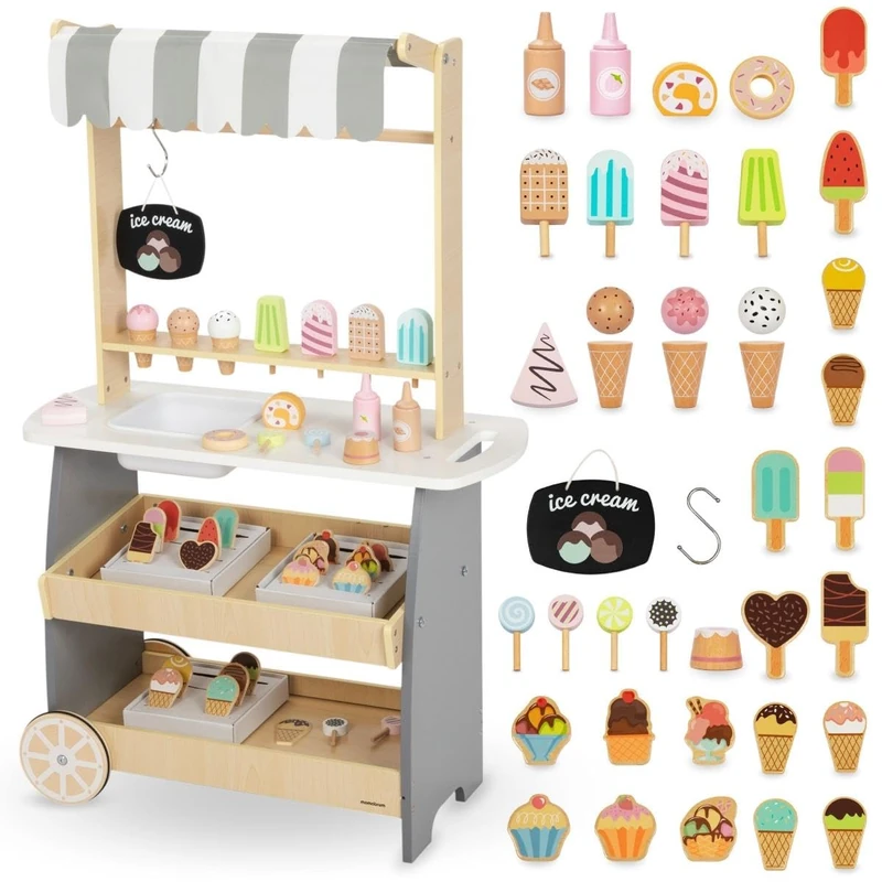 mamabrum Wooden Ice Cream Shop on Wheels for Children 3+, Mobile Ice Cream Stroller, Playing Salesman, Subtle Design, Rich Accessories, Develops Creativity and Social Skills